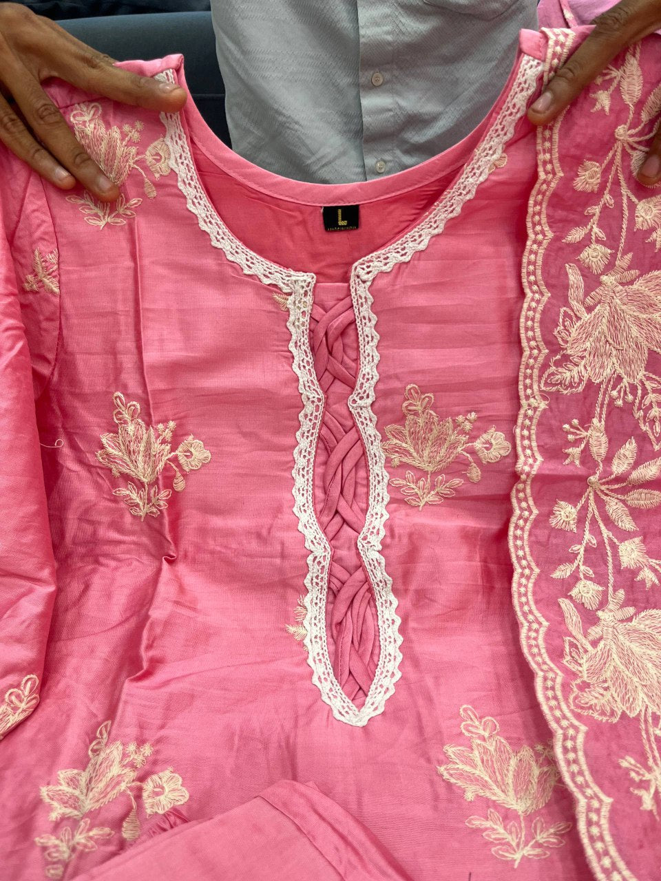 Pink Embroidered Mal Chanderi Kurti Set