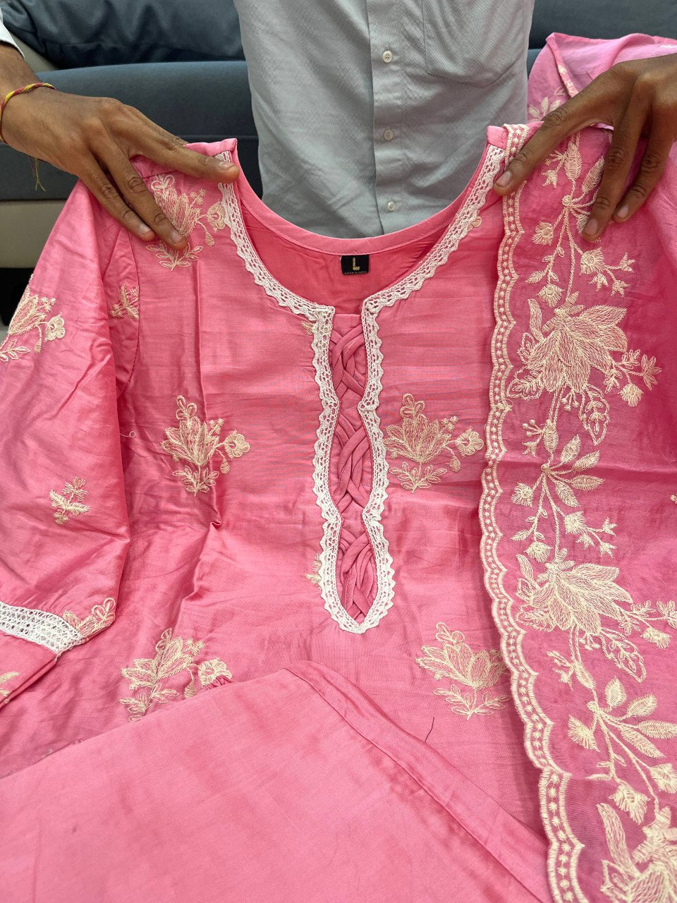 Pink Embroidered Mal Chanderi Kurti Set