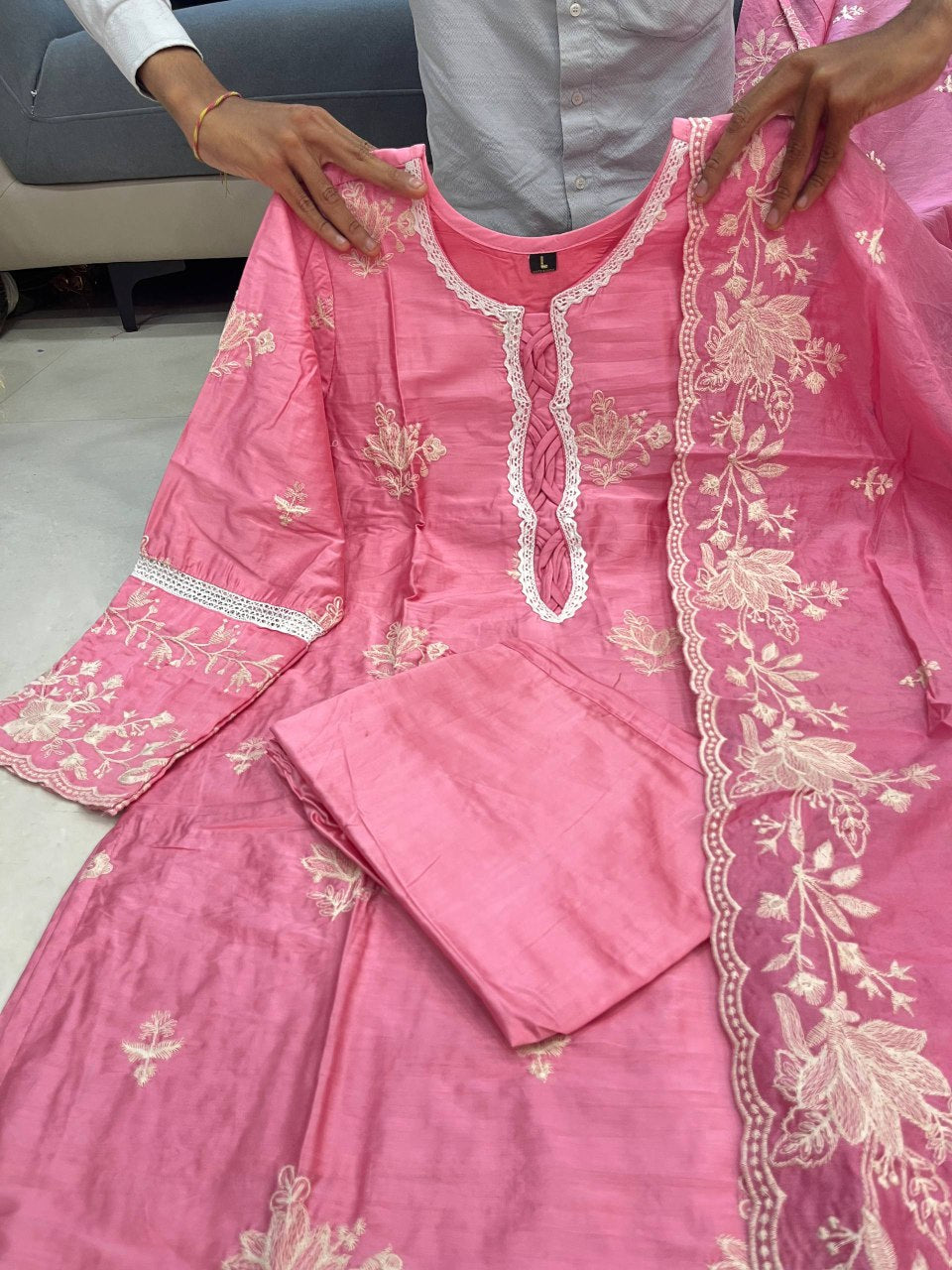 Pink Embroidered Mal Chanderi Kurti Set