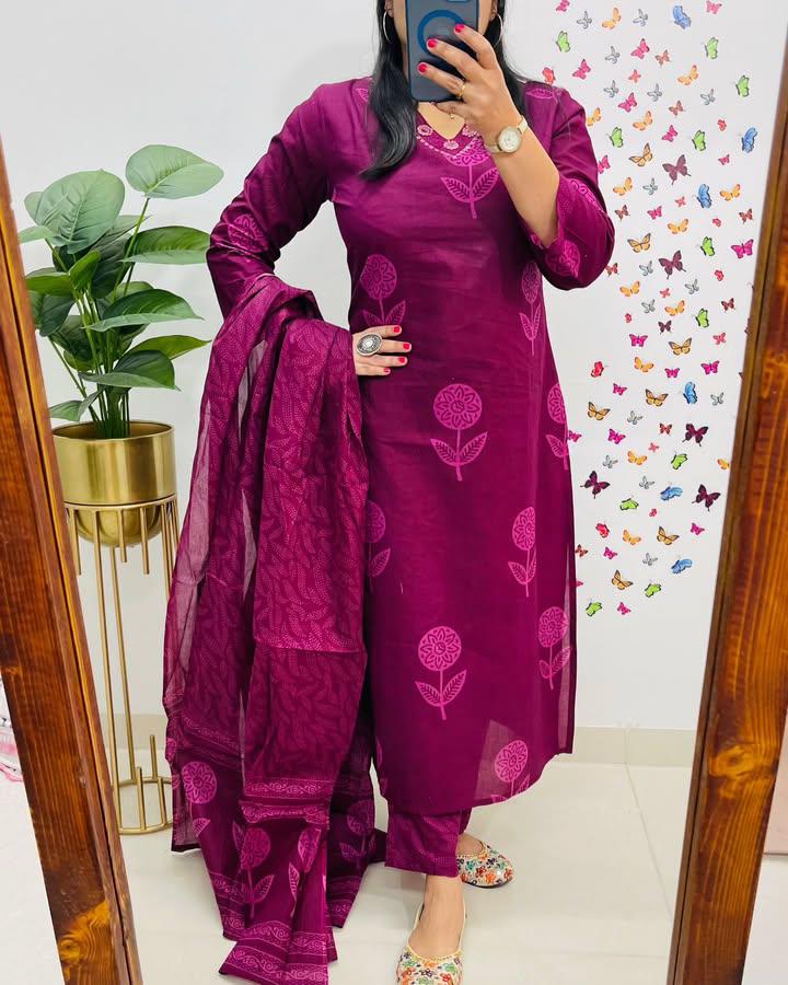 Pure Cotton Embroidery Kurti - with Cottan Pant & Dupatta