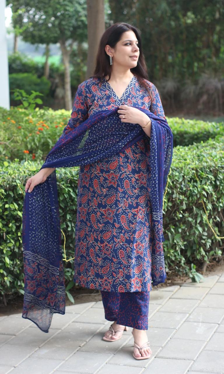 Pure Fine Heavy Cotton Kurti Pant with Dupatta.