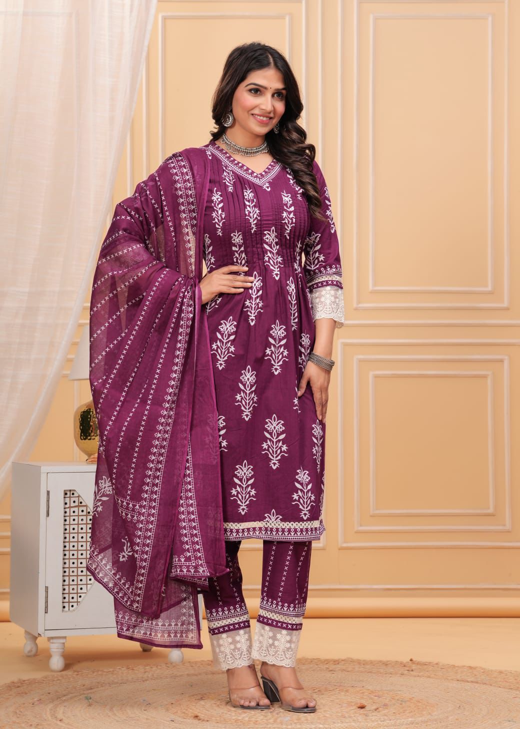 PRINTED COTTON V NECK SUIT WITH COTTON - DUPATTA.
