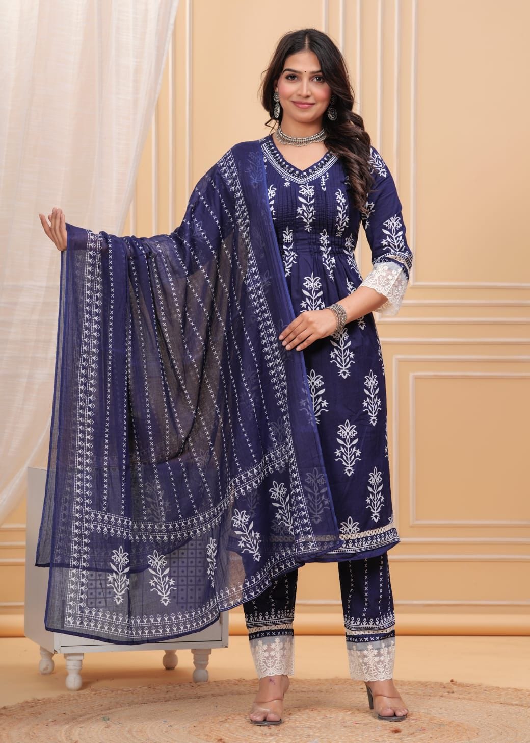 PRINTED COTTON V NECK SUIT WITH COTTON - DUPATTA.