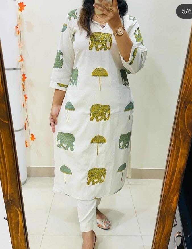 Ivory Cotton Kurti with Hand Block-Inspired Prints
