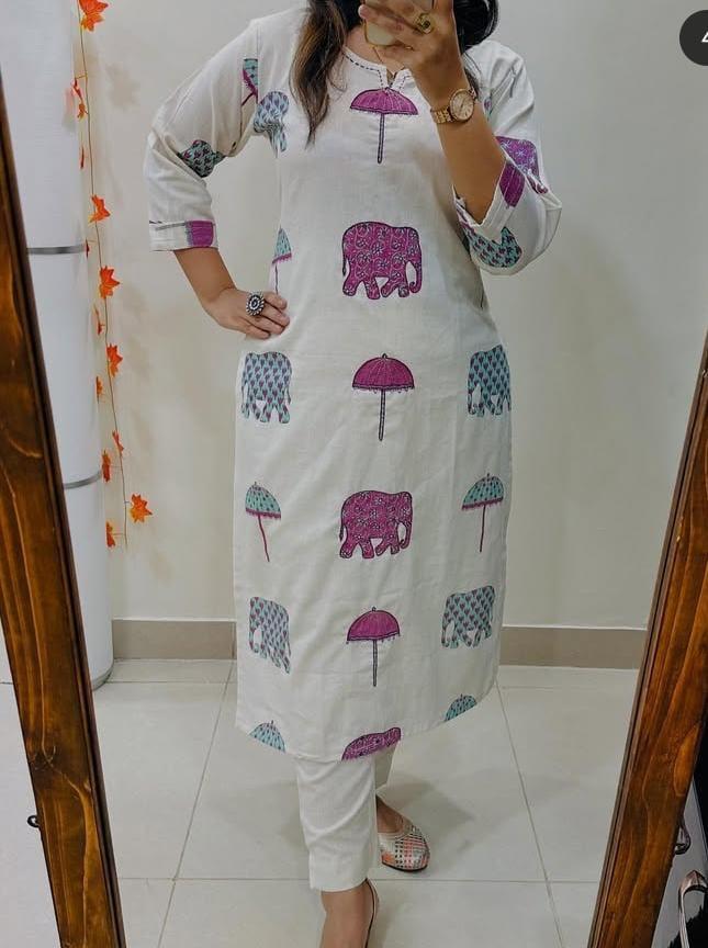 Ivory Cotton Kurti with Hand Block-Inspired Prints