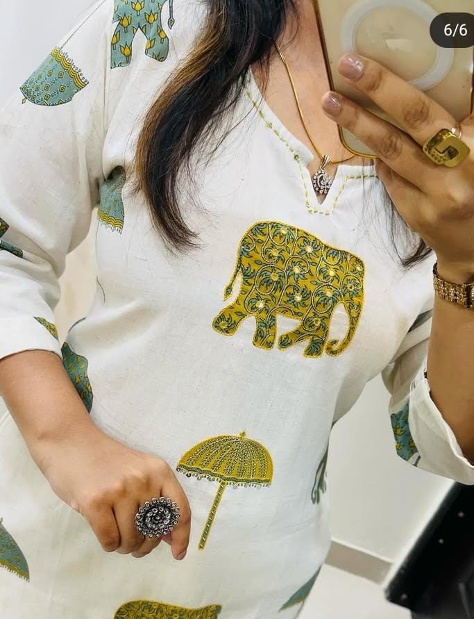Ivory Cotton Kurti with Hand Block-Inspired Prints