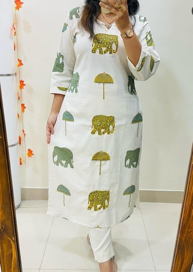 Ivory Cotton Kurti with Hand Block-Inspired Prints