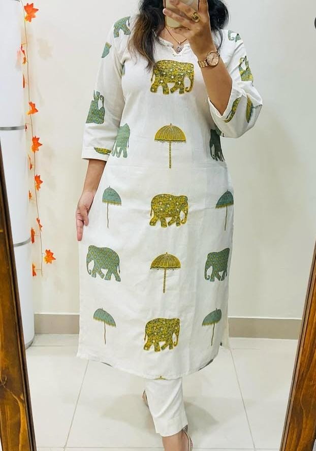 Ivory Cotton Kurti with Hand Block-Inspired Prints