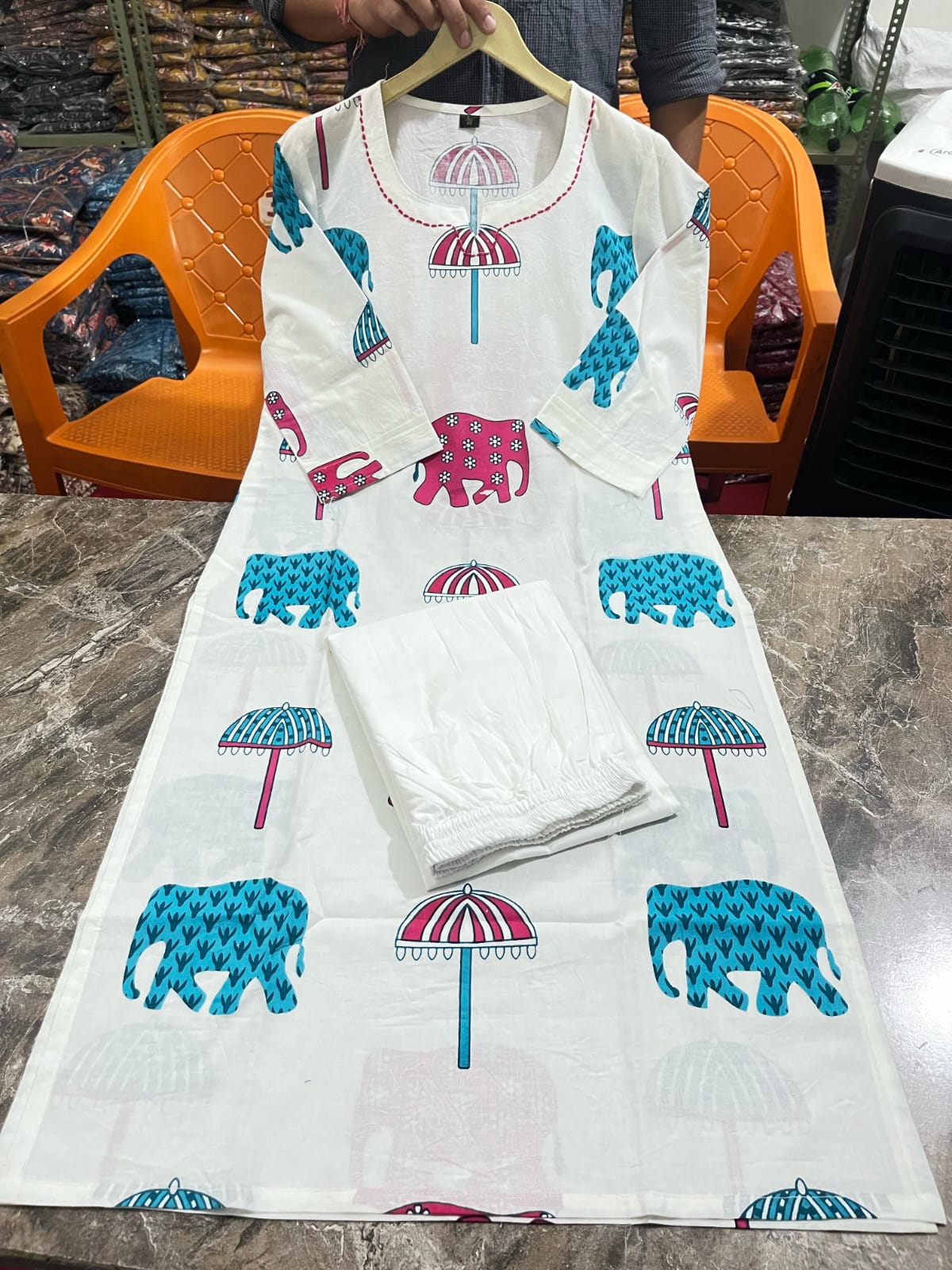 Ivory Cotton Kurti with Hand Block-Inspired Prints