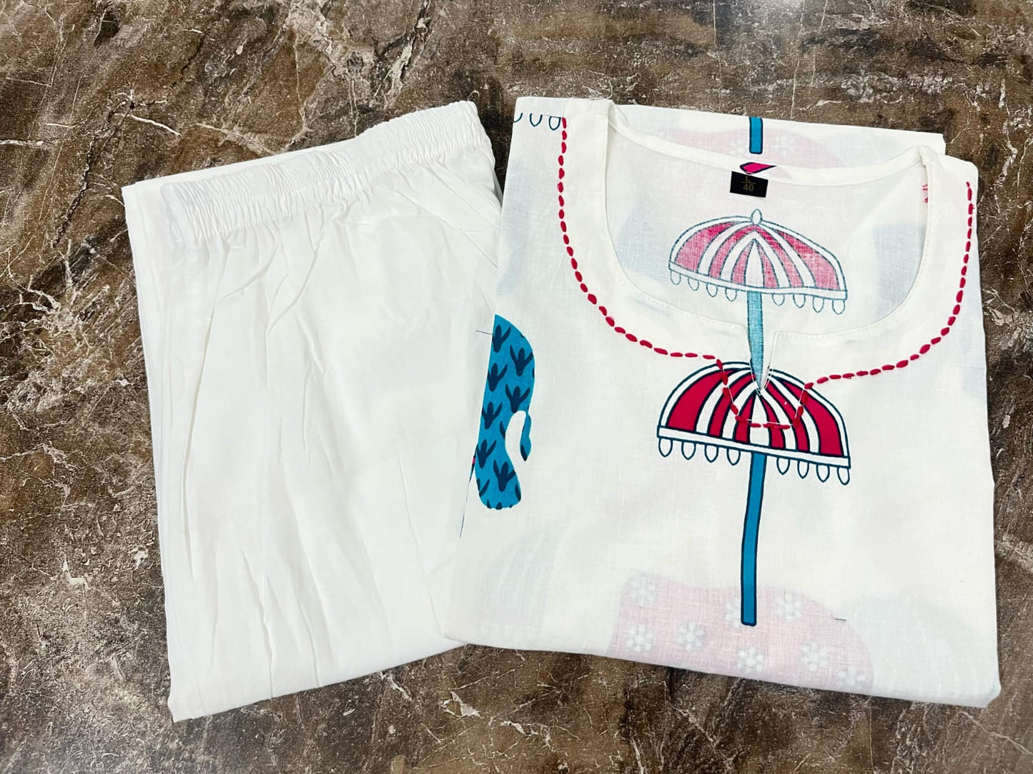 Ivory Cotton Kurti with Hand Block-Inspired Prints