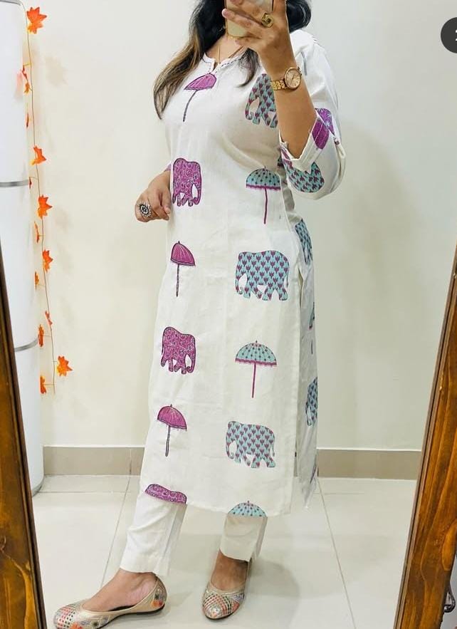 Ivory Cotton Kurti with Hand Block-Inspired Prints