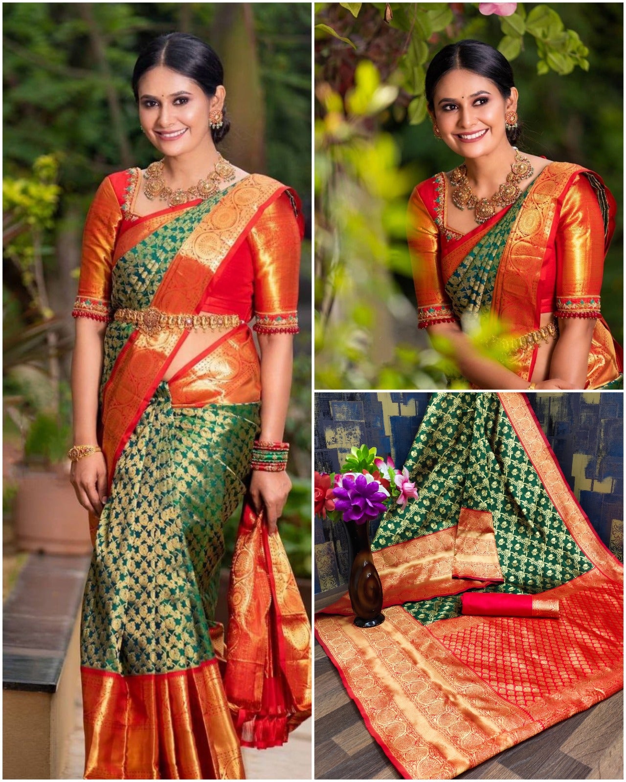 Dark Green & Red Banarasi Silk Saree
