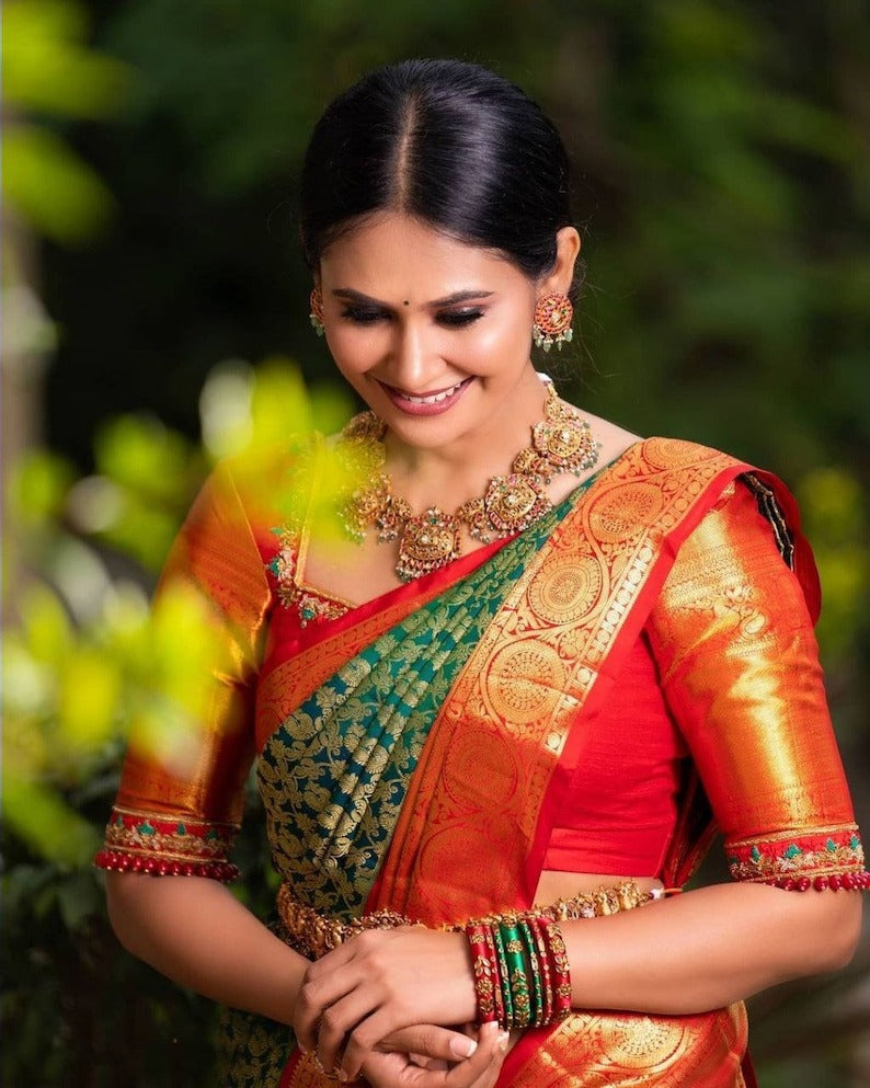 Dark Green & Red Banarasi Silk Saree