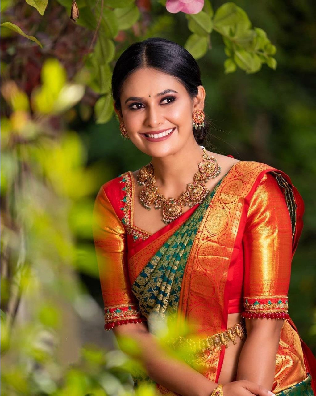 Dark Green & Red Banarasi Silk Saree