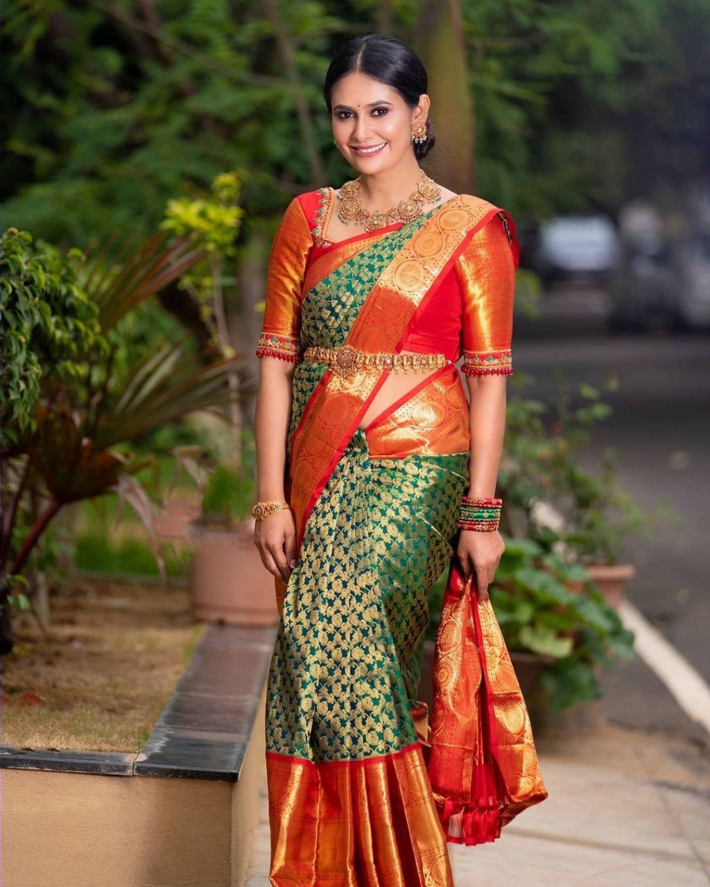 Dark Green & Red Banarasi Silk Saree