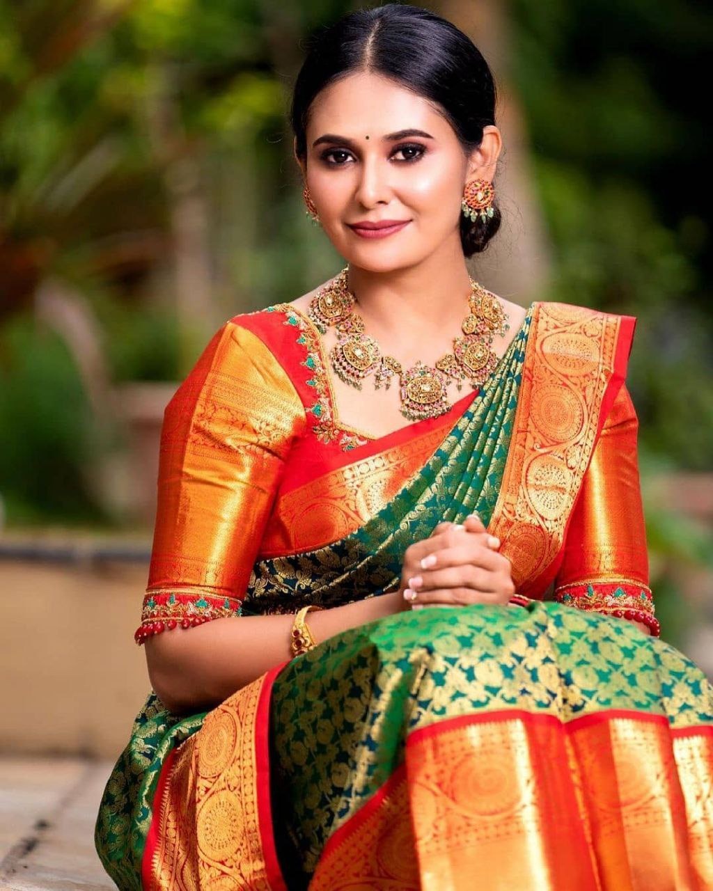 Dark Green & Red Banarasi Silk Saree