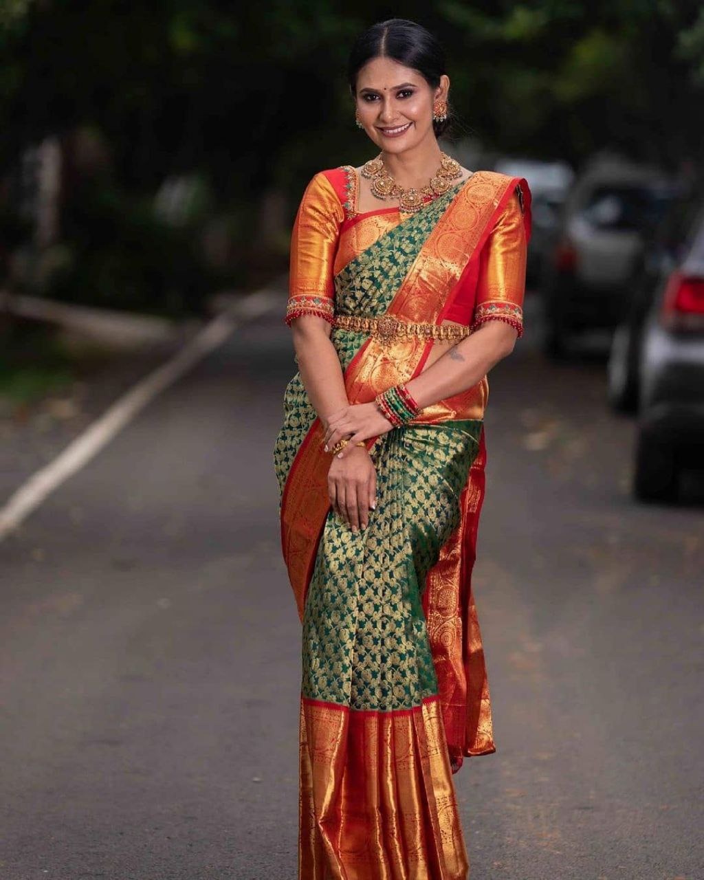 Dark Green & Red Banarasi Silk Saree