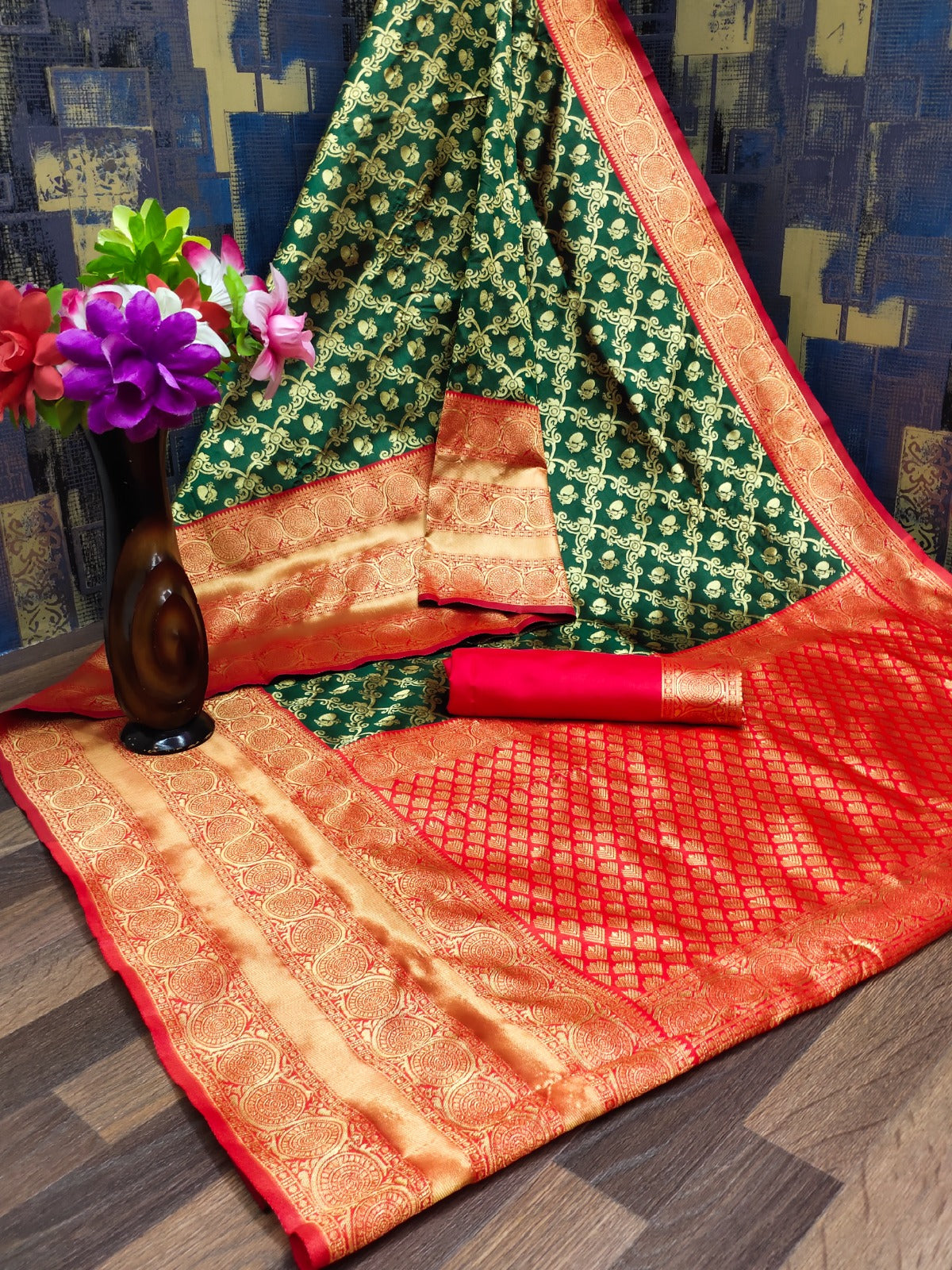 Dark Green & Red Banarasi Silk Saree