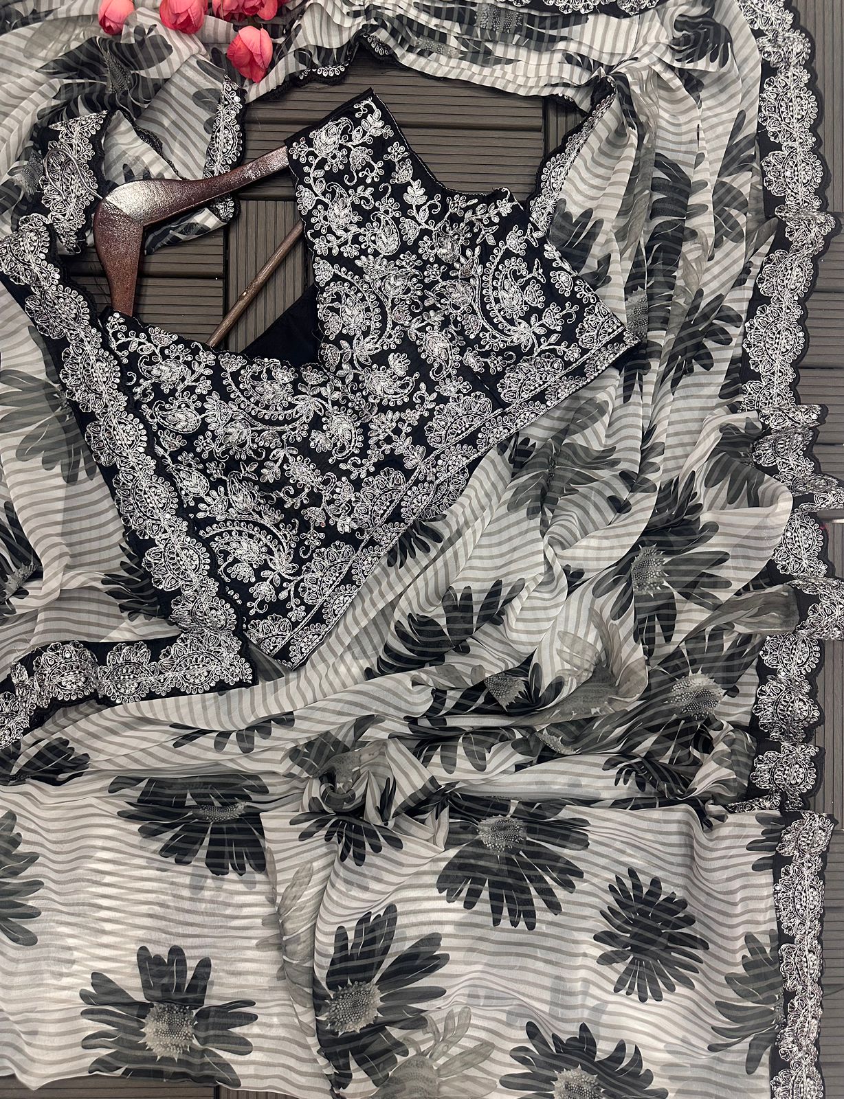 MONOCHROME MAJESTY – Ready-to-Wear Embroidered Saree with Blouse