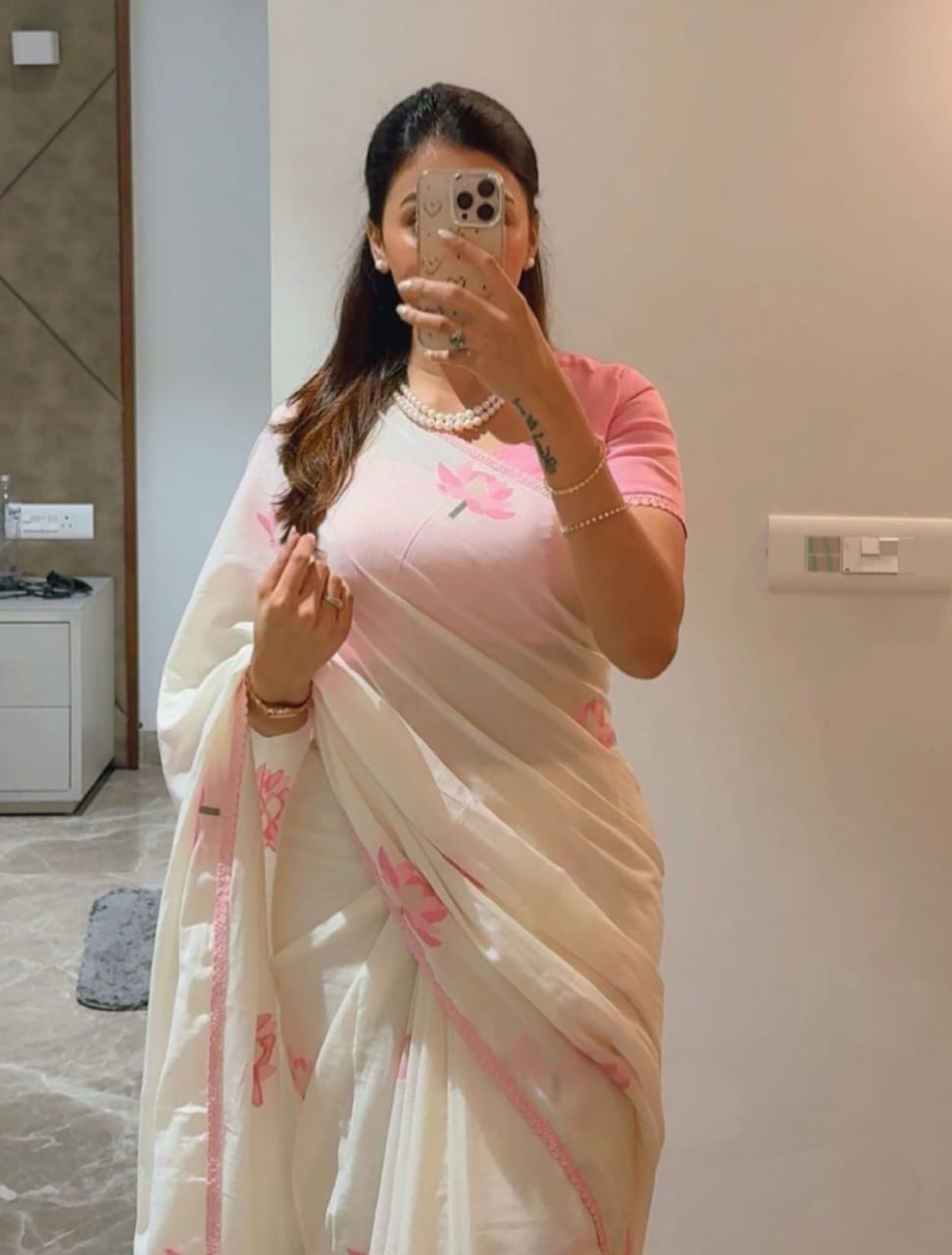 WHISPERS OF BLOSSOM – Ivory Linen Saree with Pink Floral Elegance