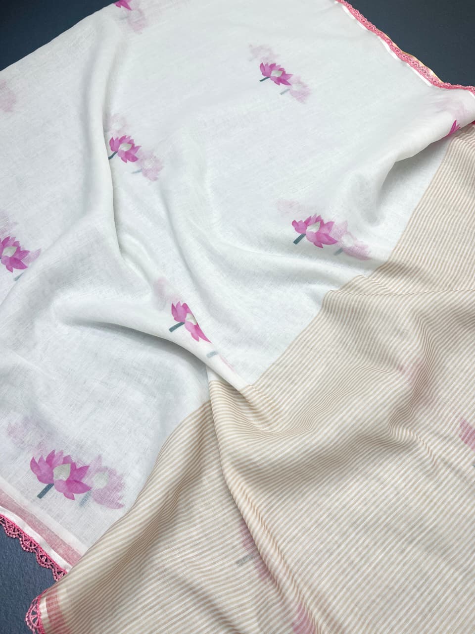 WHISPERS OF BLOSSOM – Ivory Linen Saree with Pink Floral Elegance
