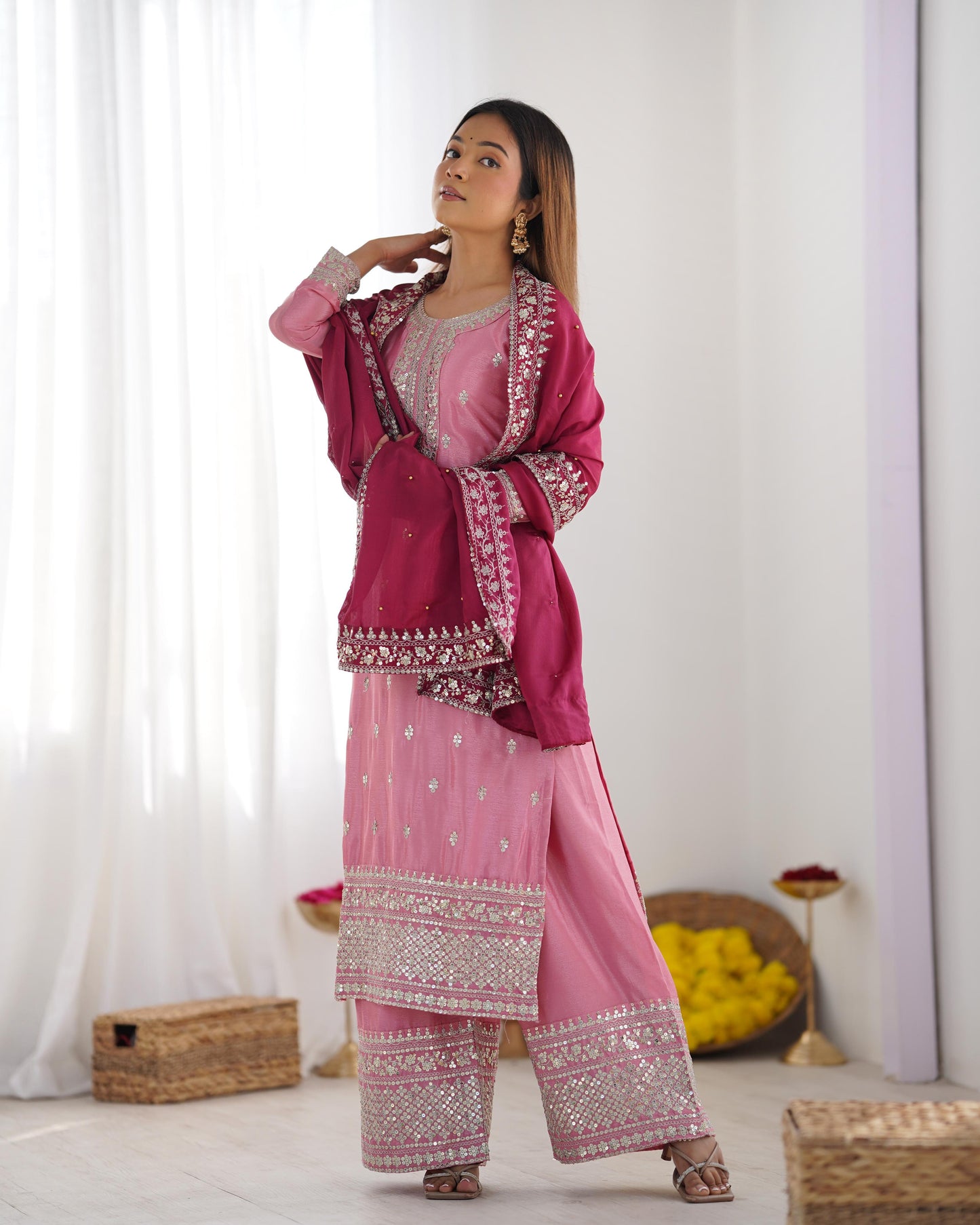 ROYAL RADIANCE IN ROSE & RUBY – Festival Ready Embroidered Kurti Set