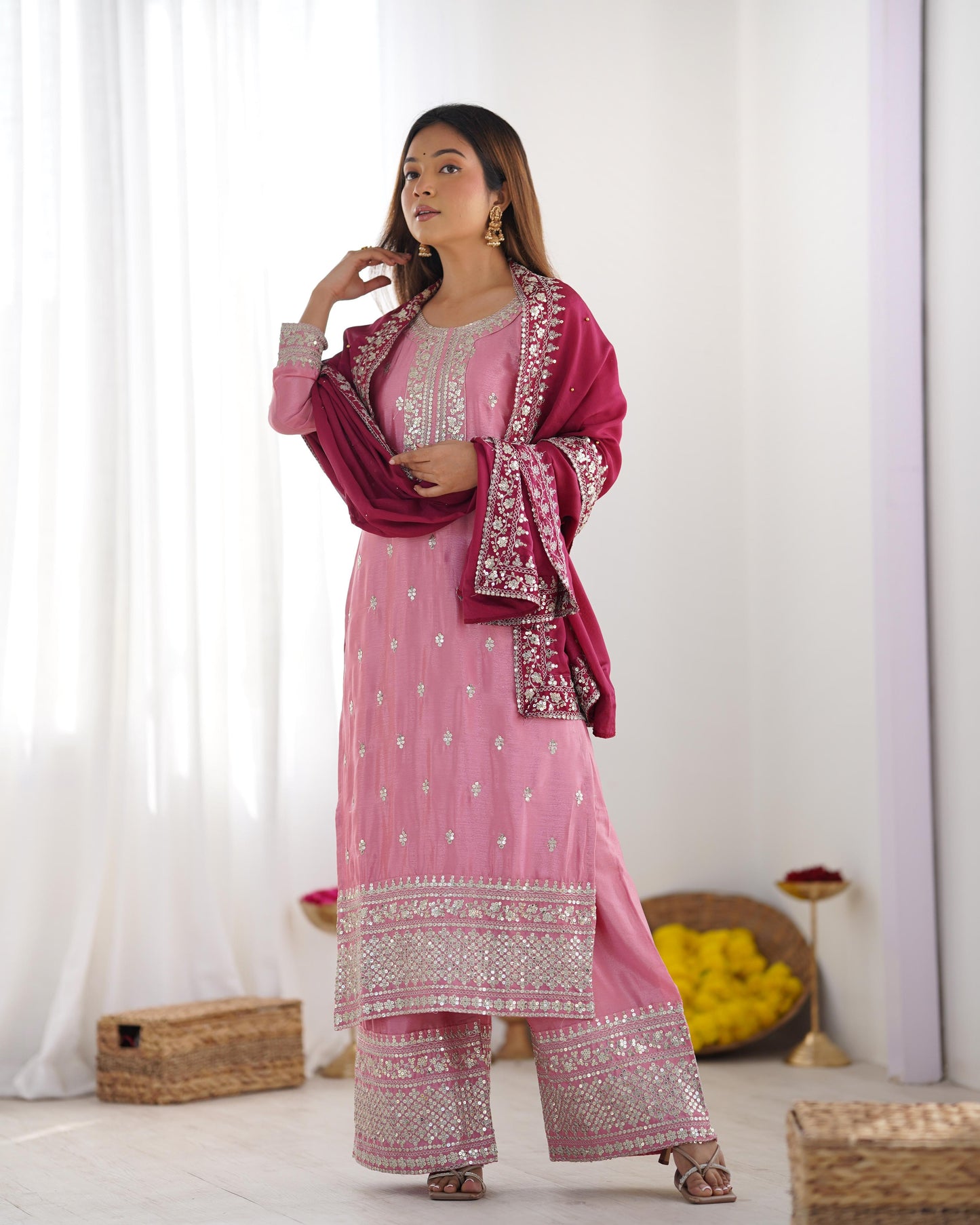 ROYAL RADIANCE IN ROSE & RUBY – Festival Ready Embroidered Kurti Set
