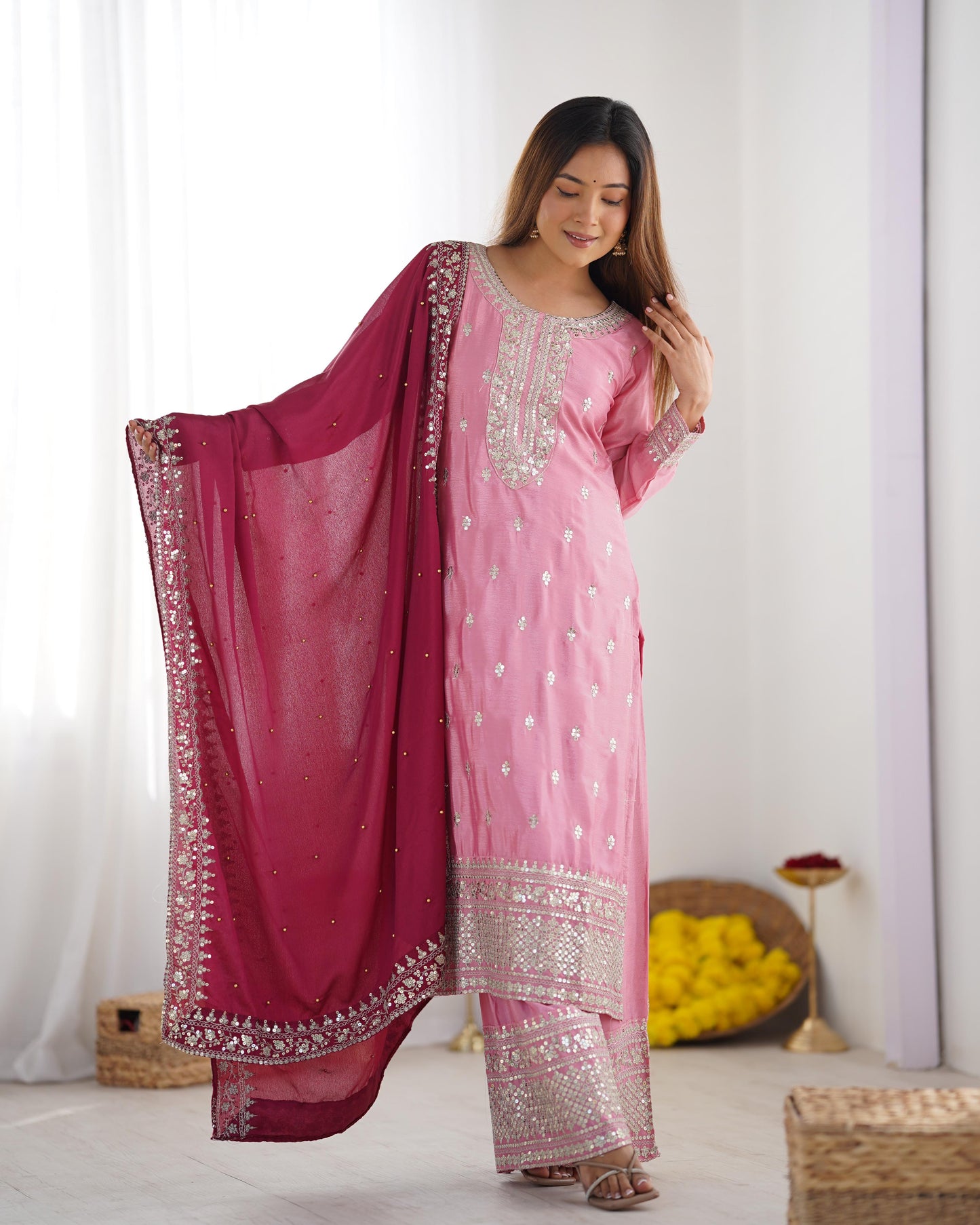 ROYAL RADIANCE IN ROSE & RUBY – Festival Ready Embroidered Kurti Set