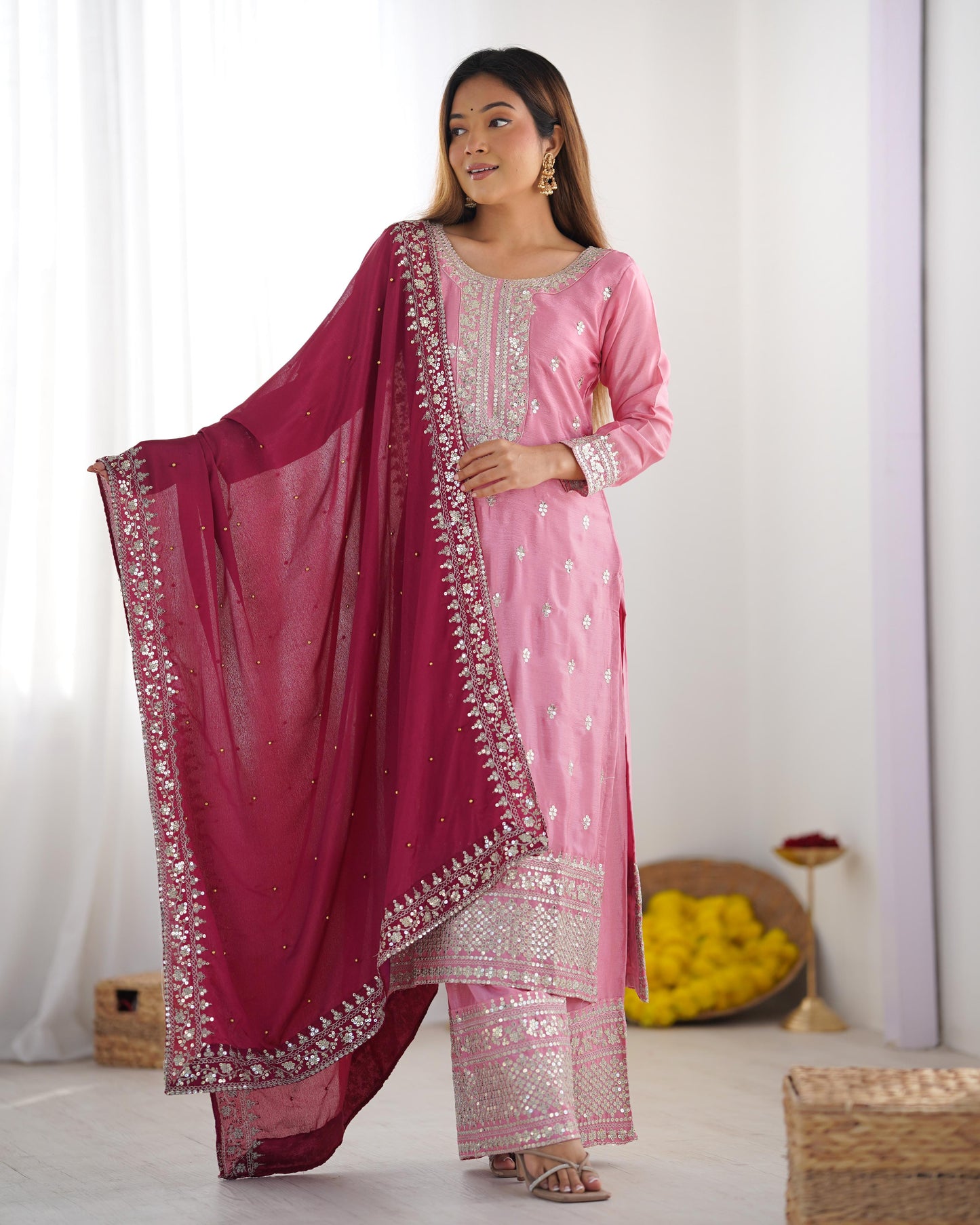 ROYAL RADIANCE IN ROSE & RUBY – Festival Ready Embroidered Kurti Set