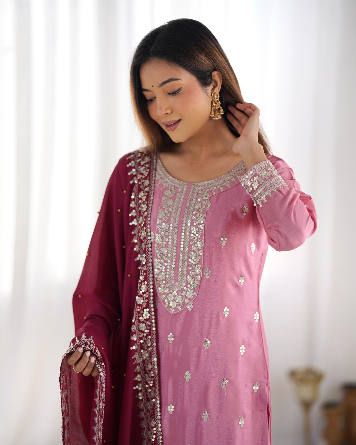 ROYAL RADIANCE IN ROSE & RUBY – Festival Ready Embroidered Kurti Set