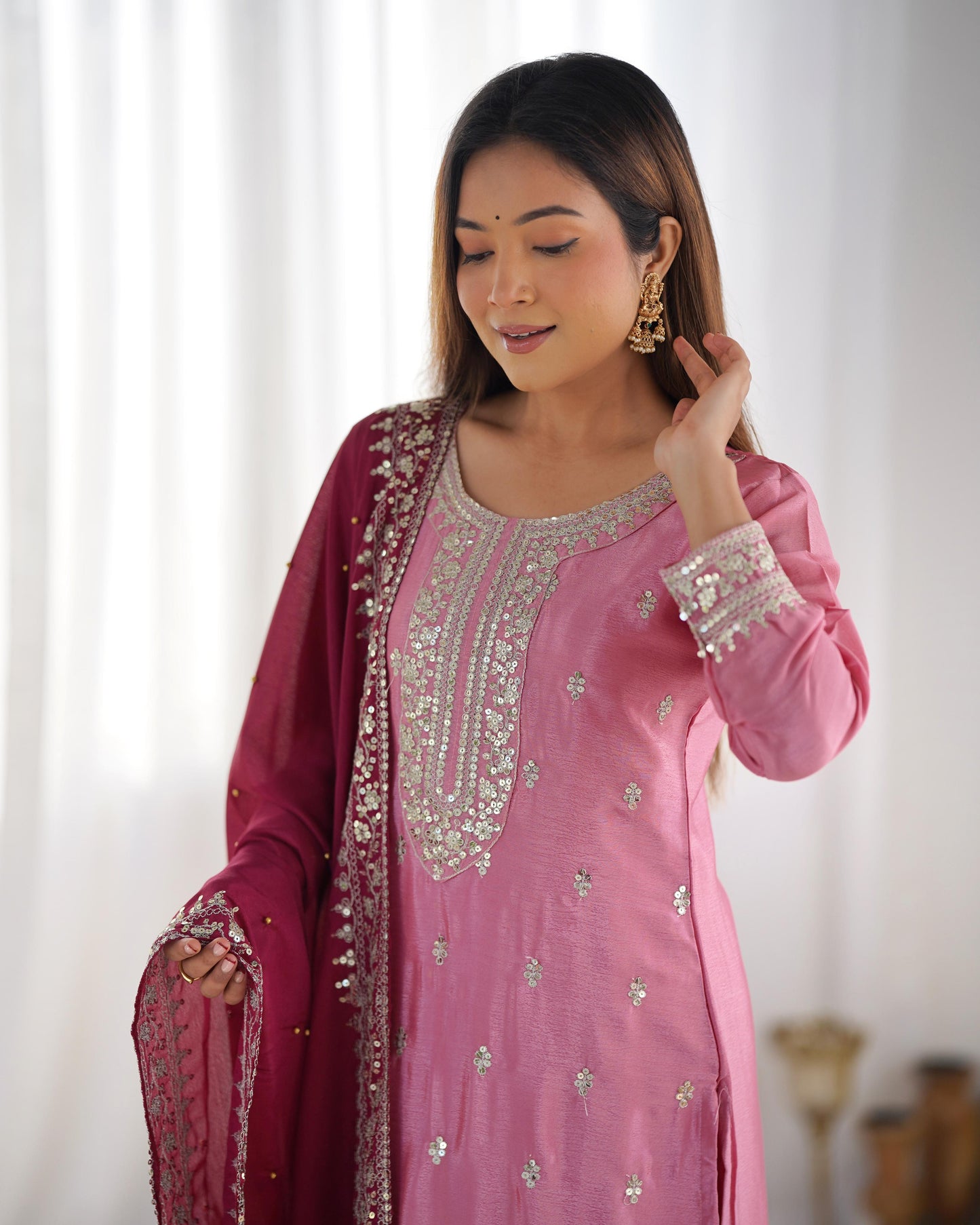 ROYAL RADIANCE IN ROSE & RUBY – Festival Ready Embroidered Kurti Set