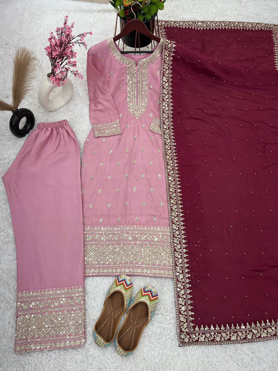 ROYAL RADIANCE IN ROSE & RUBY – Festival Ready Embroidered Kurti Set