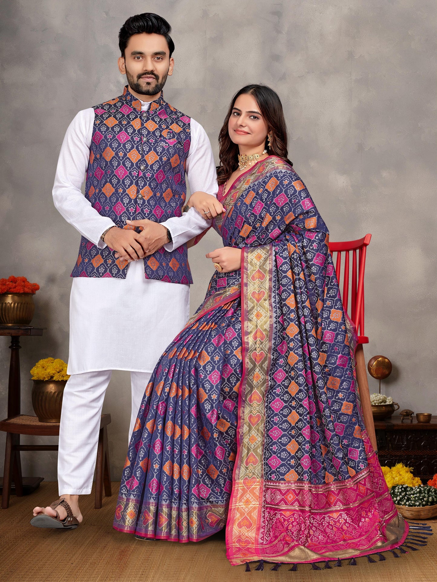 Couple Combo (Men's Kurta+Koti & Women Saree) Collections.