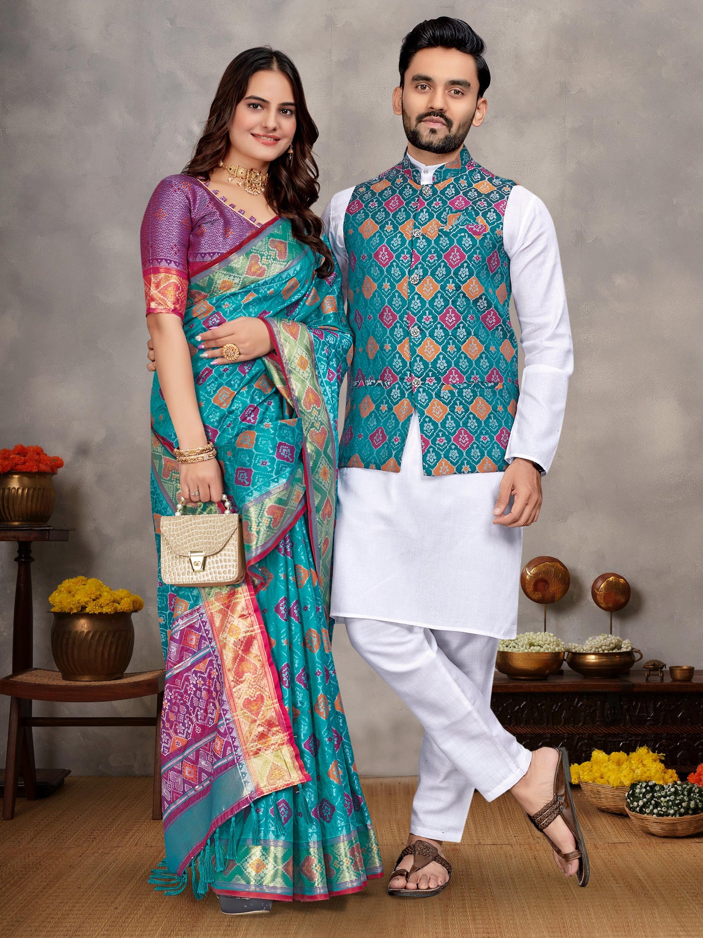 Couple Combo (Men's Kurta+Koti & Women Saree) Collections.