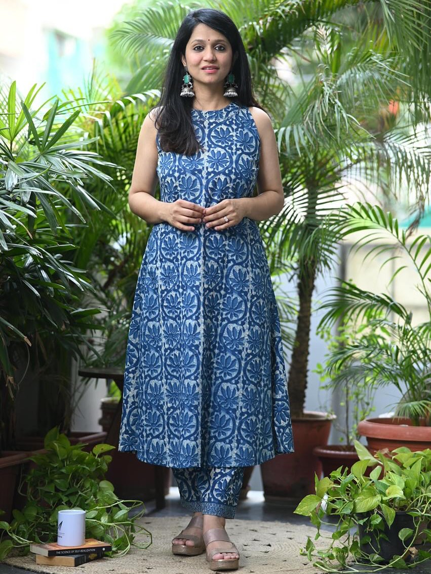 Floral Block Print Kurti with Straight Pants