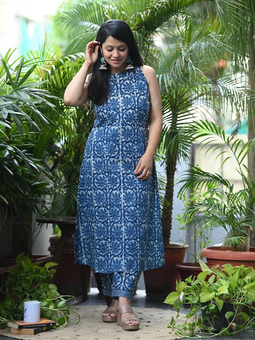 Floral Block Print Kurti with Straight Pants
