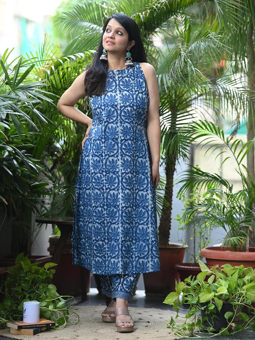 Floral Block Print Kurti with Straight Pants