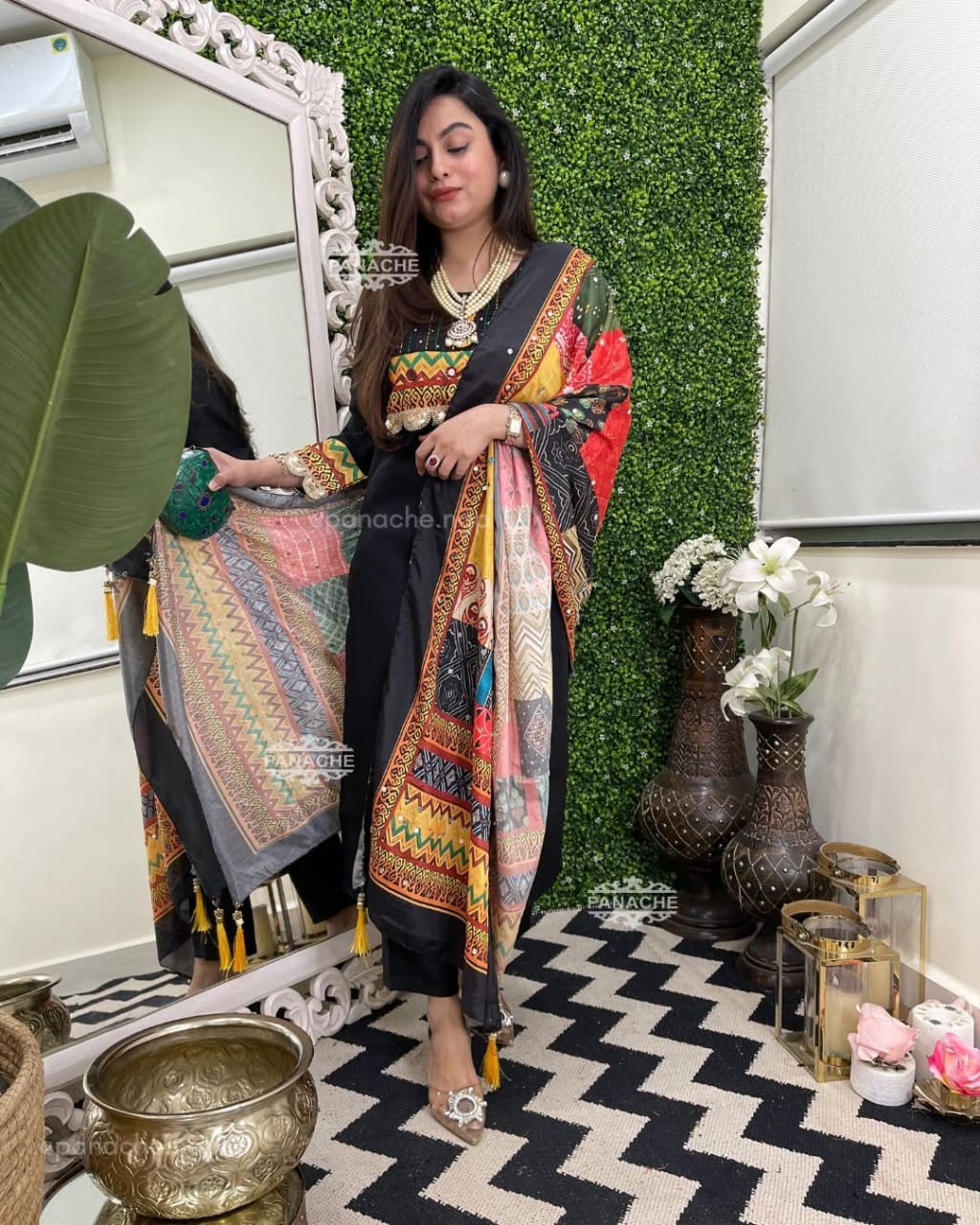 Black Rayon Kurti Set with Embroidered Detailing & Printed Dupatta