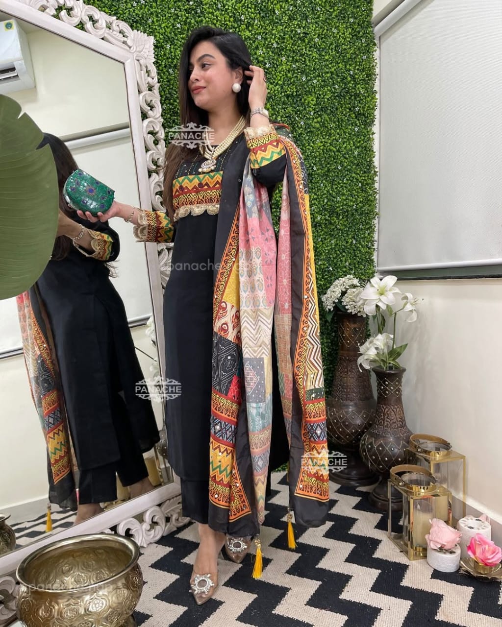 Black Rayon Kurti Set with Embroidered Detailing & Printed Dupatta