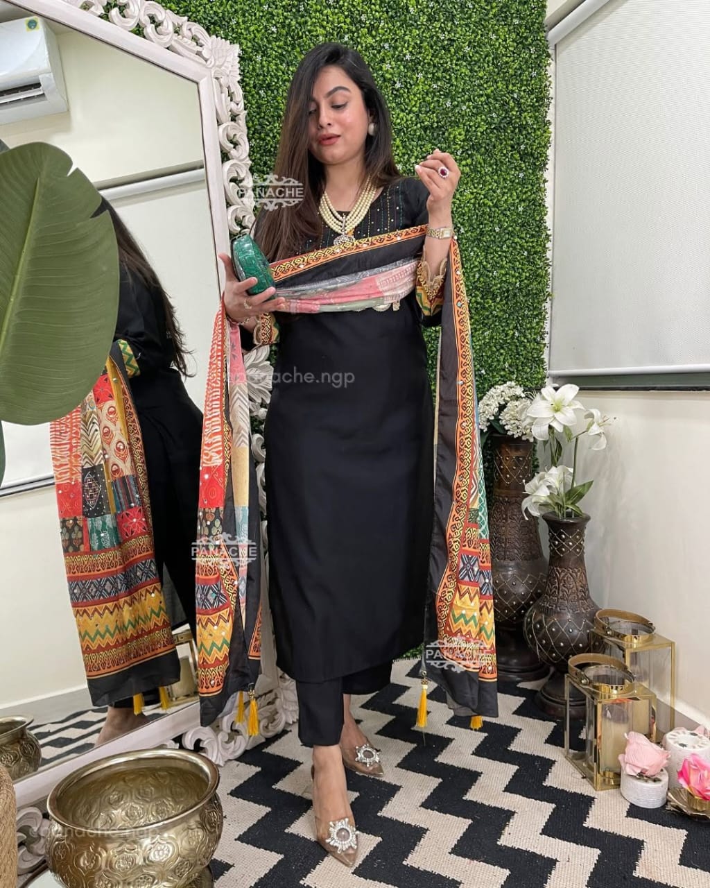 Black Rayon Kurti Set with Embroidered Detailing & Printed Dupatta