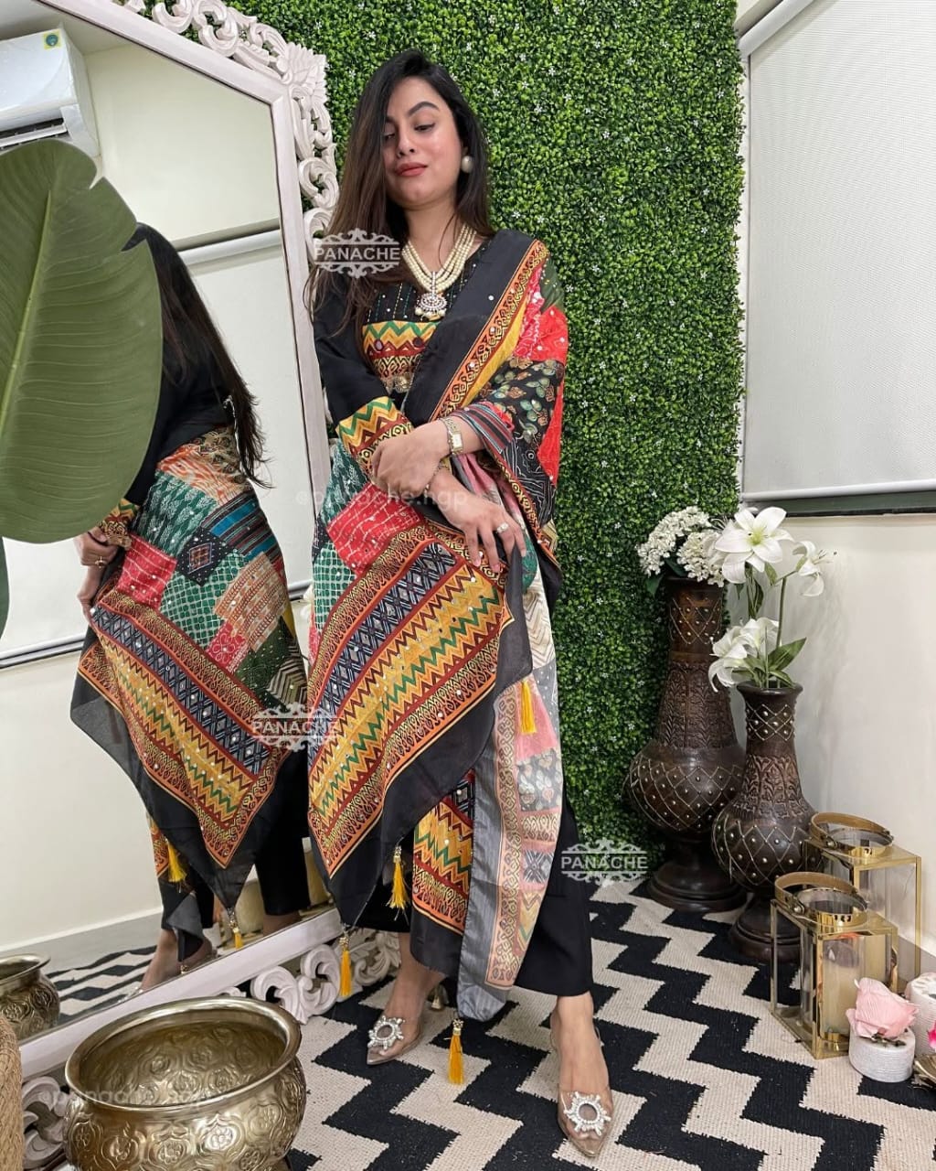 Black Rayon Kurti Set with Embroidered Detailing & Printed Dupatta