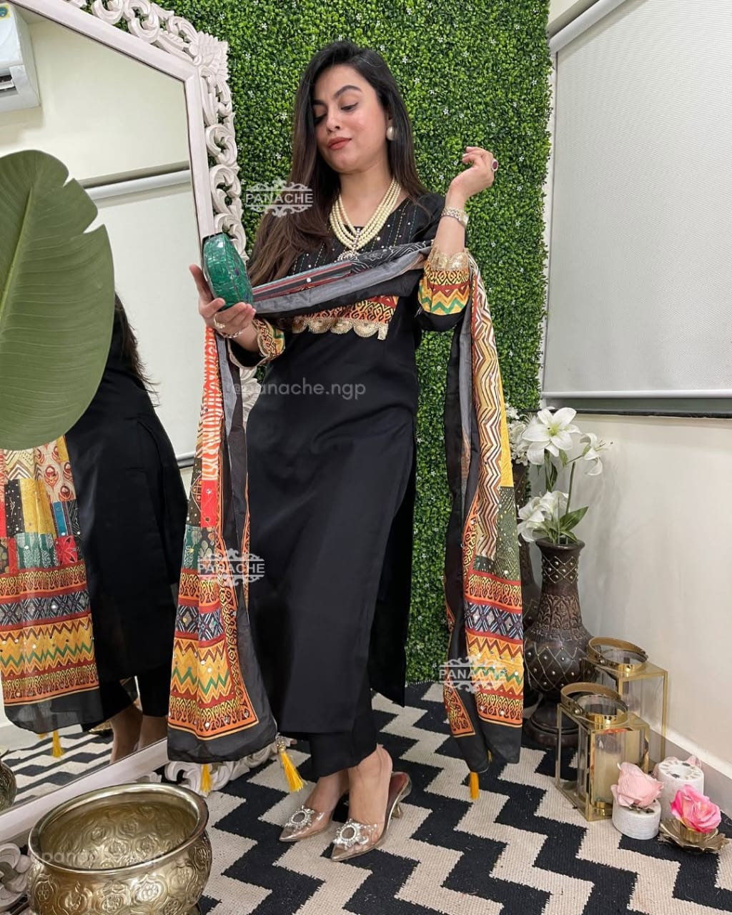 Black Rayon Kurti Set with Embroidered Detailing & Printed Dupatta