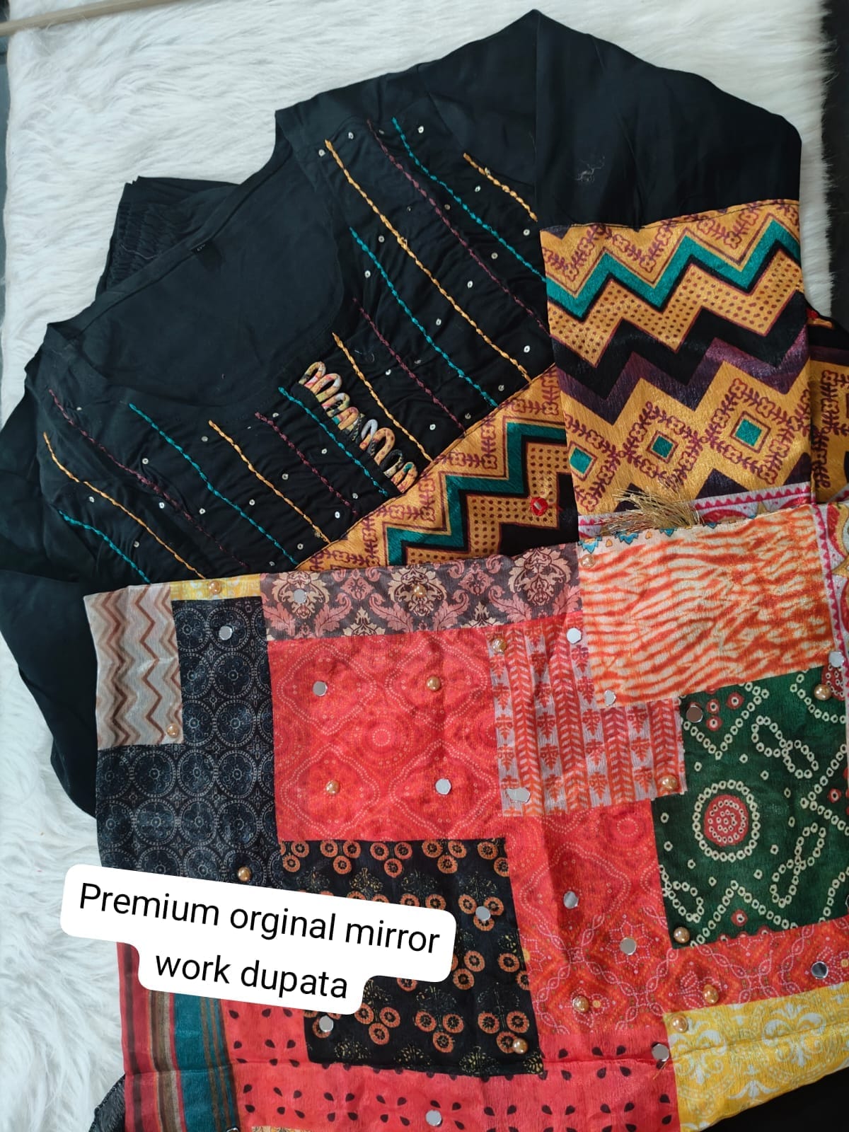 Black Rayon Kurti Set with Embroidered Detailing & Printed Dupatta