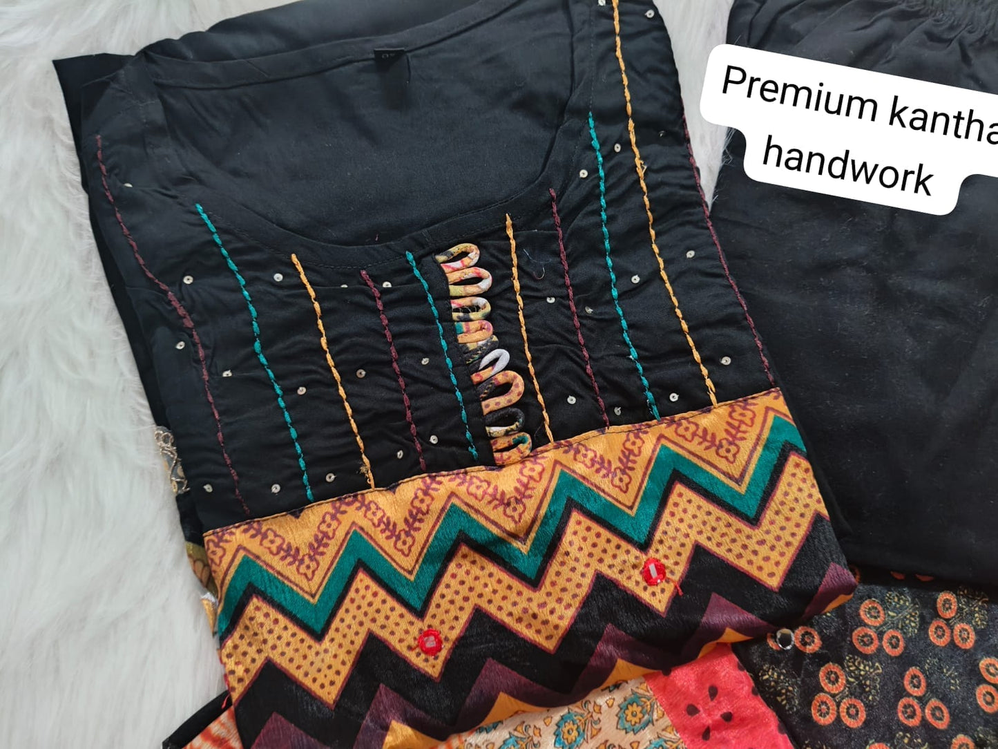 Black Rayon Kurti Set with Embroidered Detailing & Printed Dupatta