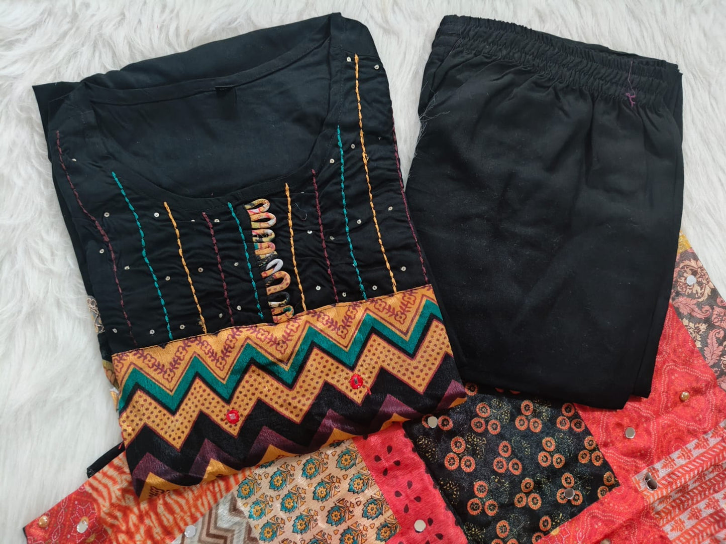 Black Rayon Kurti Set with Embroidered Detailing & Printed Dupatta