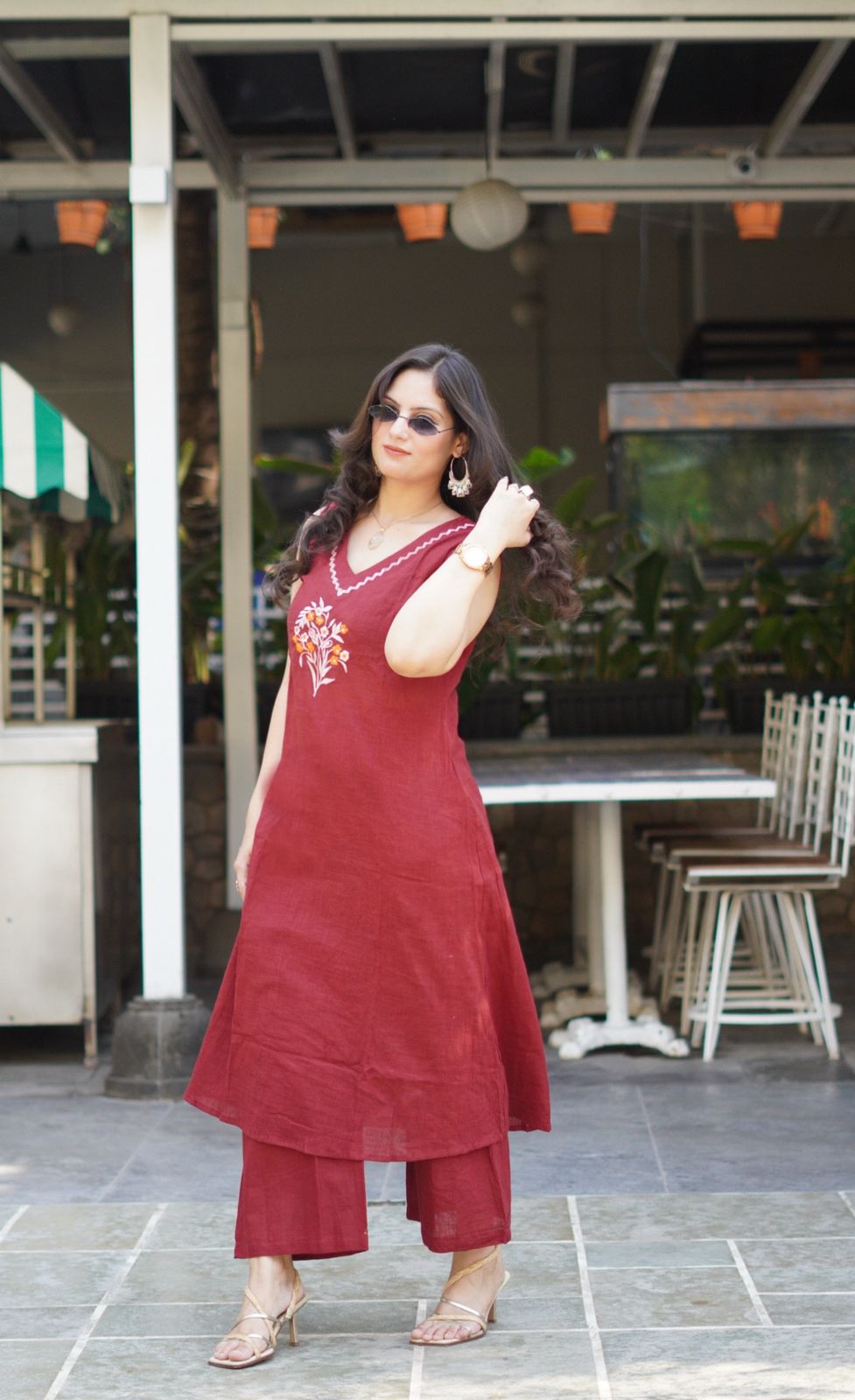 Sleeveless Cotton Embroidery Kurti Set- Colour Variants.