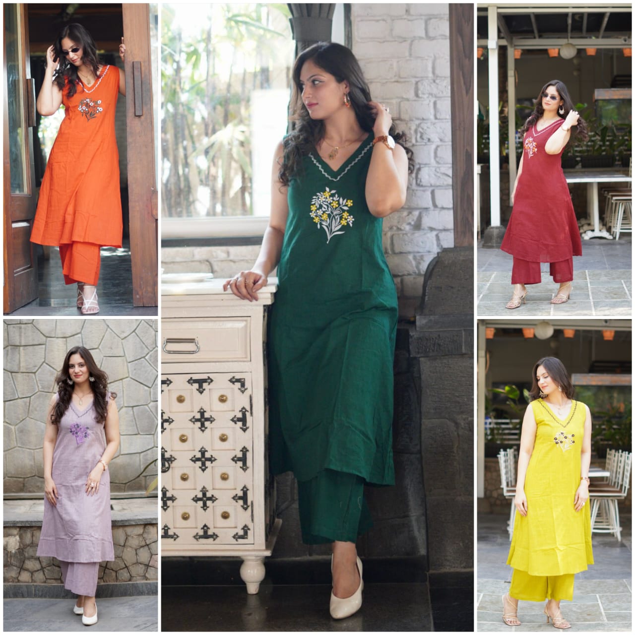 Sleeveless Cotton Embroidery Kurti Set- Colour Variants.
