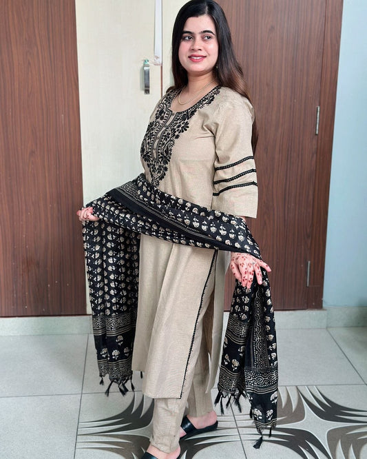 Khadi Silk Cream Elegance Kurti Set.
