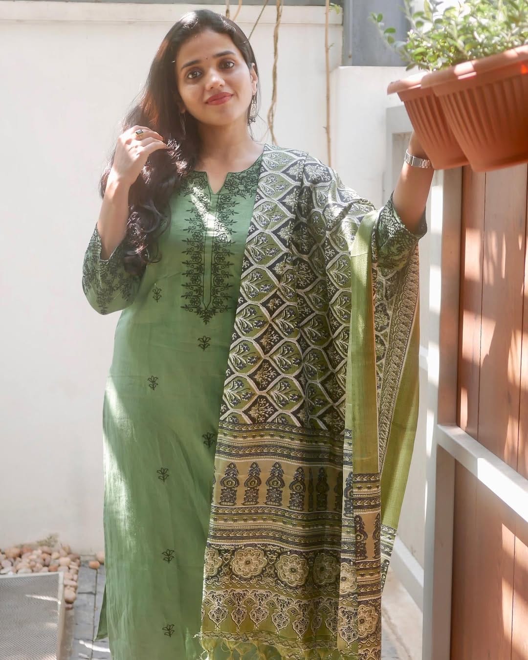Embroidered Cotton Kurta Set with Khadi Silk Ajrakh Dupatta