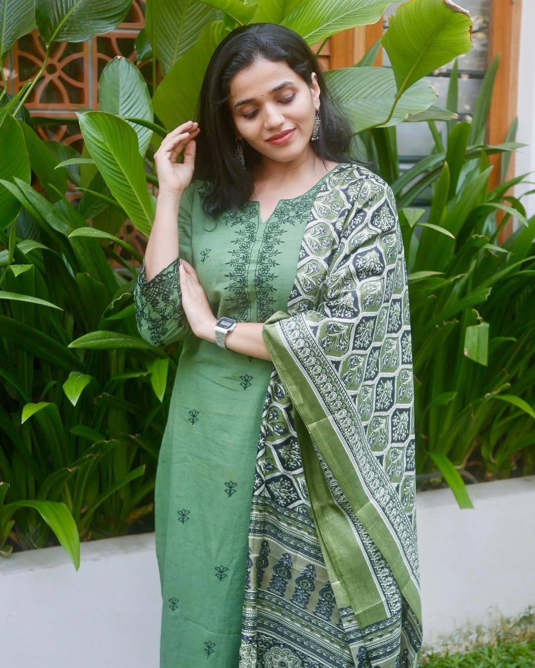Embroidered Cotton Kurta Set with Khadi Silk Ajrakh Dupatta